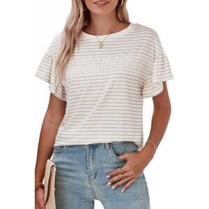 NEW SHEWIN striped lace ruffle sleeve top in apricot